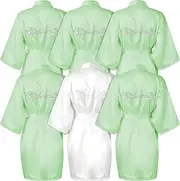 [ASMIZ] 6Pcs Bridesmaid Robes for Wedding, Bride & Bridesmaid Satin Kimono Robe for Women, Bridal Party Robes Getting Ready Outfits for Spa Proposal Honeymoon, Rhinestone Words, Sage Green & White