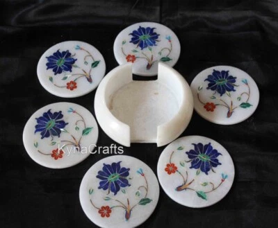 4.5 Inches Marble Wine Coaster Set Semi Precious Stone Inlay Work Tea Coaster