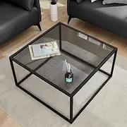 [SAYGOER] Glass Coffee Table, Small Modern Coffee Table Square Simple Center Tables for Living Room 26.7 x 26.7 x 17.7 Inches, Gray Black