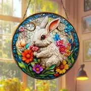 Easter Rabbit Stained Glass Suncatcher, Happy Easter Day Glass Suncatcher Decor