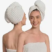 KOSMU Hair Towel | 2 Pack, 100% Cotton Silk Hair-Drying Waffle Wrap Turban for Women, Ultra-Absorbent, Anti Frizz, Hair Damage Protection for Straight and Curly Hair (Shell White, 2 Pack)