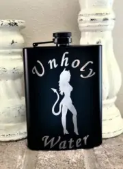 Stainless Steel Whiskey Hip Flask, With Funnel, Laser Engraved Unholy Water
