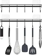 Wall Mount Utensil Rail Rack 2 Pcs, Space Saving Kitchen Utensil Holder Self Adhesive, No Drilling Wall Mounted Accessory Hanger with Hooks for Kitchen Bathroom Storage (Black)