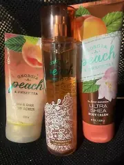 Bath & Body Works GEORGIA PEACH TEA 8 oz FRAGRANCE 8 Oz CREAM 6 Oz. Scrub TRIO