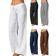 Women's Plus Size Cotton Linen Pants High Waist Solid Color Drawstring Wide Leg Comfy Breathable Quick Dry Micro-elastic Black White Dark Navy Blue Summer Spri