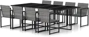 9 Piece Outdoor Dining Set with Cushions Poly Rattan Grey Patio Bar Sets