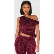 Shape Burgundy Zebra Devore Asymmetric Off Shoulder Top, Burgundy