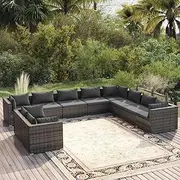 10 Piece Garden Lounge Set with Cushions Grey Poly Rattan Patio Bar Sets