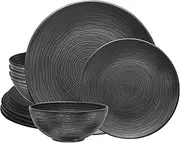 Bzyoo 12 Piece Melamine Plastic Dinnerware Set - Organica Black Plates and Bowls Sets Casual Dish Set for Dining, Outdoor and Kitchen BPA Free