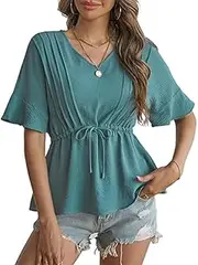 [Generic] Women's V-Neck Blouse, Flutter Sleeve, Drawstring Waist