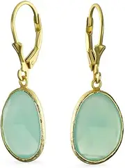 [Bling Jewelry] Elegant Oval Faceted Pastel Stone Dangle Bezel Set: Lever Back Earrings & Necklace - Pink, Aqua, Mint Green Simulated Chalcedony, 14K Gold-Plated .925 Sterling Silver