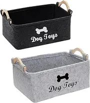 Dog Toy Storage Basket Felt Storage Box for Home Organization Removable Folding Design with Wooden Handle Lightweight Durable,Ideal for Dogs Dogs Toys Snacks and Clothes,15in x 10in x 7in