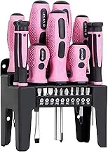 FASTPRO 21-Piece Magnetic Screwdrivers Set with Organizer Rack, Slotted Phillips Screwdrivers and Precision Screwdrivers, Repair Tool Kit for Women, Pink
