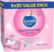 Curash Fragrance Free Baby Wipes, 6 x 80 Pack - For Sensitive Skin, Suitable for Newborns, Thick And Soft Texture, No Soap, Alcohol Or Parabens - Everyday Cleansing And Nappy Changes - 480 Wipes