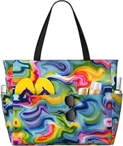 [Ghjkfbf] Tie Dye Print Large Capacity Beach Travel Bag For Family, Beach Tote Bag For Women With Zipper Pockets, Black, One Size
