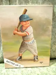 den-643 Dianne Dengel OOAK "BATTER UP !!" oil painting signed 14" Tall X 11"