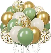 62Pcs Sage Green Balloon Kit,12Inch Sage Green Gold Confetti Balloons,Sand White Metallic Gold Party Balloon with Ribbon for Birthday Party,Baby Shower Decoration,Wedding,Graduation,Eucalyptus Party