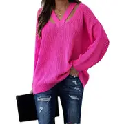 Nevenka Womens V Neck Sweaters Hollow Out Knit Pullover-Red