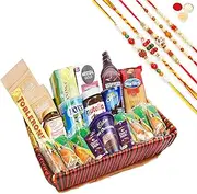 Jaiccha Ghasitaram Rakhi Gifts for Brothers - Big Red Basket Hamper of 24 Goodies with 5 Rakhis