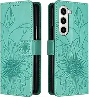 [SATURCASE] Case for Samsung Galaxy Z Fold 5, Sunflower Embossing PU Leather Flip Magnet Wallet Card Slots Protective Cover for Samsung Galaxy Z Fold 5 (HE-Green)