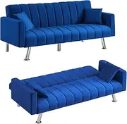[AWQM] Sofa Bed, Upholstered Convertible Sofa Bed with 2 Pillows, Modern Velvet Sleeper Sofa Couch with Wooden Frame and Metal Legs, Small Couch for Living Room Bedroom Office (Blue)