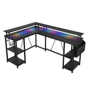 Gaming Desk L Shaped Computer Racer Standing Table LED Lights with Storage Bag Shelves Carbon Fibre Corner Office