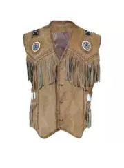 Brown Western Suede Leather Vest Native American Beaded Fringe Cowboy Vest