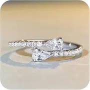 Sdouefos 925 Sterling Silver Women Engagement Ring 14K White Gold Plated Double Stone Ring Emerald & Pear Cut Wedding Eternity Ring Cubic Zirconia Stunning Band Rings