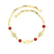 Red Evil Eye Hamsa Hand Charm Anklet 14k Gold filled Mariner link