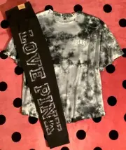 Victoria's Secret Pink Tie Dye Varsity SS Tee Shirt + Leggings Set Gray Logo XL