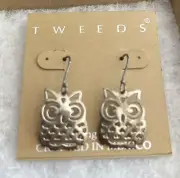 TWEEDS Owl Sterling Silver Dangle Earrings NEW Hallmark
