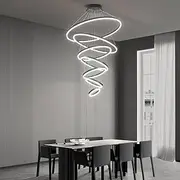 USOR Large 7 Rings Chandelier LED Modern High Ceiling Chandelier for Staircase Black Chandelier 3 Colors Dimmable Remote Control High Ceiling Light Fixture for Living Room Hallway Foyer Lobby Entryway