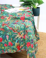 Linen Connections Vintage Handmade Kantha Floral Cotton Quilt Throw Bedspread Block Print Quilt Indian Quilt Comforter Duvet Cover Quilt - 002