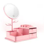 TOOLKISS Pink LED Vanity Mirror with Storage – Rotating Makeup Mirror & USB Rechargeable Desktop Organizer – Bright Adjustable Illumination for Perfect Beauty Routine