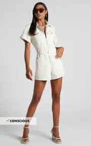 Mauriel Playsuit - Recycled Cotton Utility Playsuit in Ecru