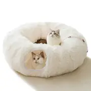 Winter Plush Cat Tunnel, which has a cat bed for indoor cats, multifunction cat toys for small medium large cat (white)
