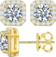 [YIMERAIRE] Moissanite Halo Earrings Square 18k Gold Plated 0.56-2.4CT 6-10mm D Color VVS1 Clarity Moissanite Stud Earrings For Women Men Square Diamond Stud Earrings 925 Sterling Silver Hypoallergenic Earrings
