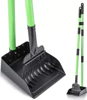 Dog Pooper Scooper Long Handle Stainless Metal Tray Rake Set Medium Small Green