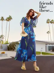 Friends Like These Blue Floral Petite Occasion V-Neck Chiffon Midi Dress (AY2434) | $96
