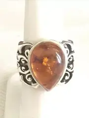 Barse Beautiful “Cyrano” Sterling Silver Teardrop Amber Ring Size 7