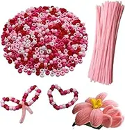 Swpohrat 100 Pcs Light Pink Craft Pipe Cleaners with 800 Pcs Pony Beads for Valentine's Day Craft Bracelet Necklace Earring Jewelry Making,DIY Craft Projects Wedding Party Decorations