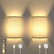 Lightess Wall Lights Dimmable, Plug in Wall Lamp with Switch Modern Wall Sconce with Beige Fabric Shade E27 Wall Wash Light Ideal for Bedroom Living Room Hotel Hallway Bedside Reading (Set of 2)