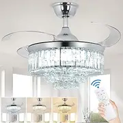 Depuley 42 Inch Crystal Ceiling Fan, Modern Ceiling Fan with Lights Remote Control, Invisible Blades LED Ceiling Fan Chandelier Light for Bedroom, Living Room, 3 Color Changeable,6 Speed,Dimmable