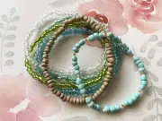 6pcs Set Glass Seed bead Stretch Bracelet Toho Green Clear Turquoise Blue Beige.