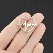 BULK 30 Heartbeat Heart Antique Silver Tone Charms 2 Sided - SC6744