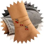 [Cybche] Boho Rhinestone Cherry Anklet Bracelet Set Gold Layered Cherry Dangle Anklet Summer Beach Crystal CZ Fruit Foot Chain Jewelry for Women, Zinc