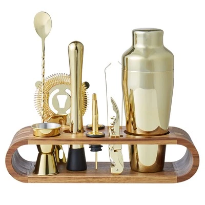 10pc Fine Foods Bar/Cocktail Maker Shaker/Muddler Drink Set Gold w/Acacia Stand