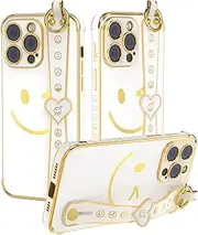 HOFULK Cute iPhone 14 Pro Max Case with Wrist Strap Stand Smile Face Phone Cases for iPhone 14 Pro Max for Women Girly Girls Teen Kids Aesthetic Glitter Cool Funny Kawaii TPU Protective Cover White