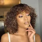 Highlight Ombre Short Curly Human Hair Wigs with Bangs Glueless Wigs for Blac...