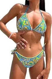 [Generic] Women's Floral Cute Bathing Suit High Waisted Triangle Tie Side Swimsuit Bikini Set
